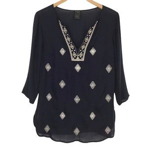 Ann Taylor Semi Sheer Black Blouse Bohemian Metallic Embroidery Beads Size Small